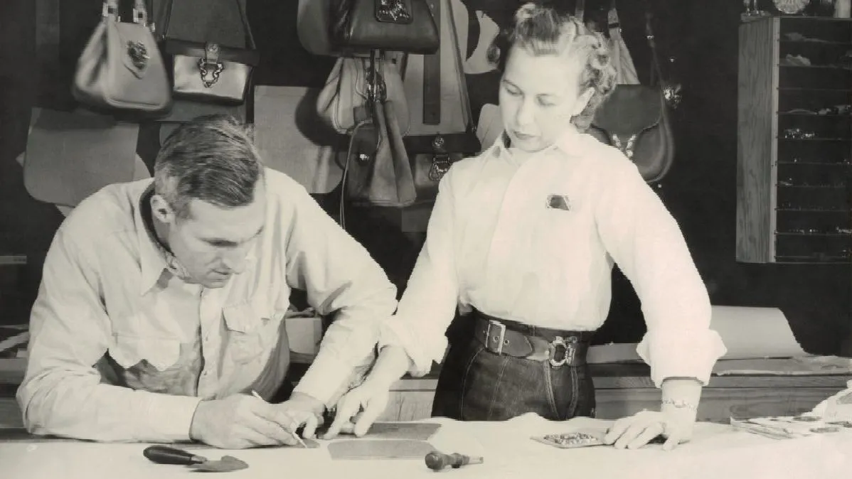 Enid and Frederic Collins work out a new bag design in Medina, Texas, in the 1950's. Courtesy / Jeep Collins