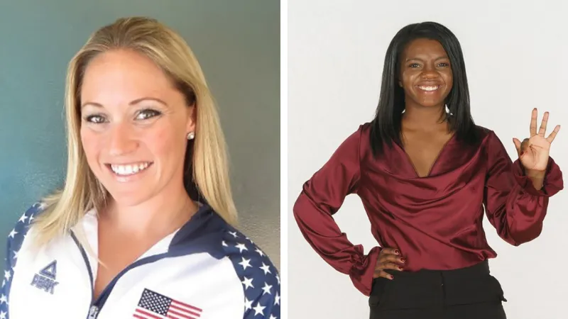 From left, U.S. Olympic medalist Sara Lilly will coach synchronized swimming this fall, and coach Jasmine Owens will launch our new STUNT program.