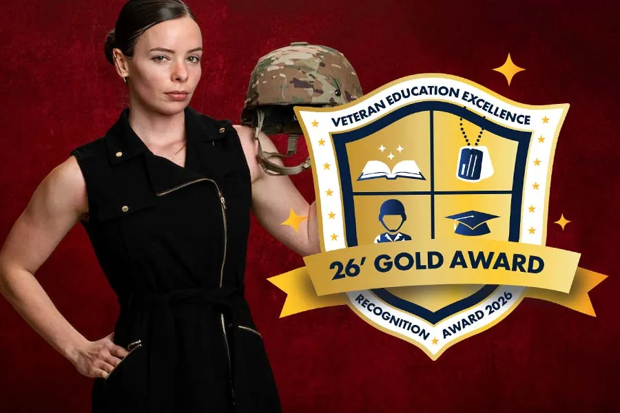 Student veteran in backgroud with the VEERA gold award designation in the foreground