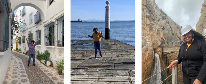 Three photos of Demetria Ober visiting locations in Spain.