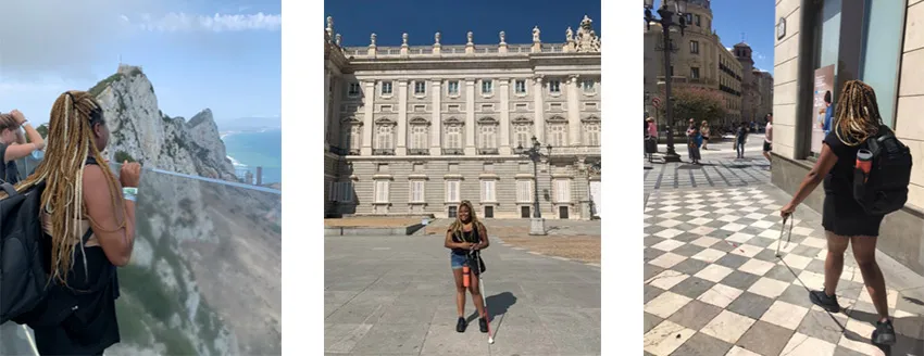 Three photos of Demetria Ober visiting locations in Spain.