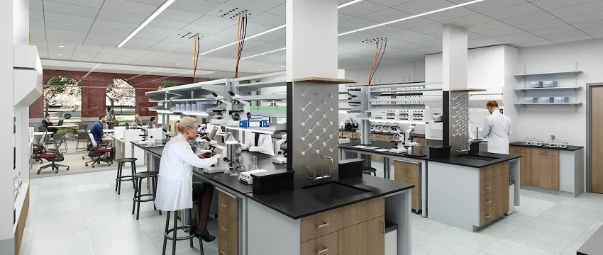 Interior rendering of the new Scientific Research Commons laboratory on TWU’s Denton campus 