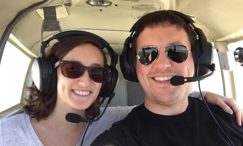 Kathleen and Kevin Montes in an airplane cockpit 