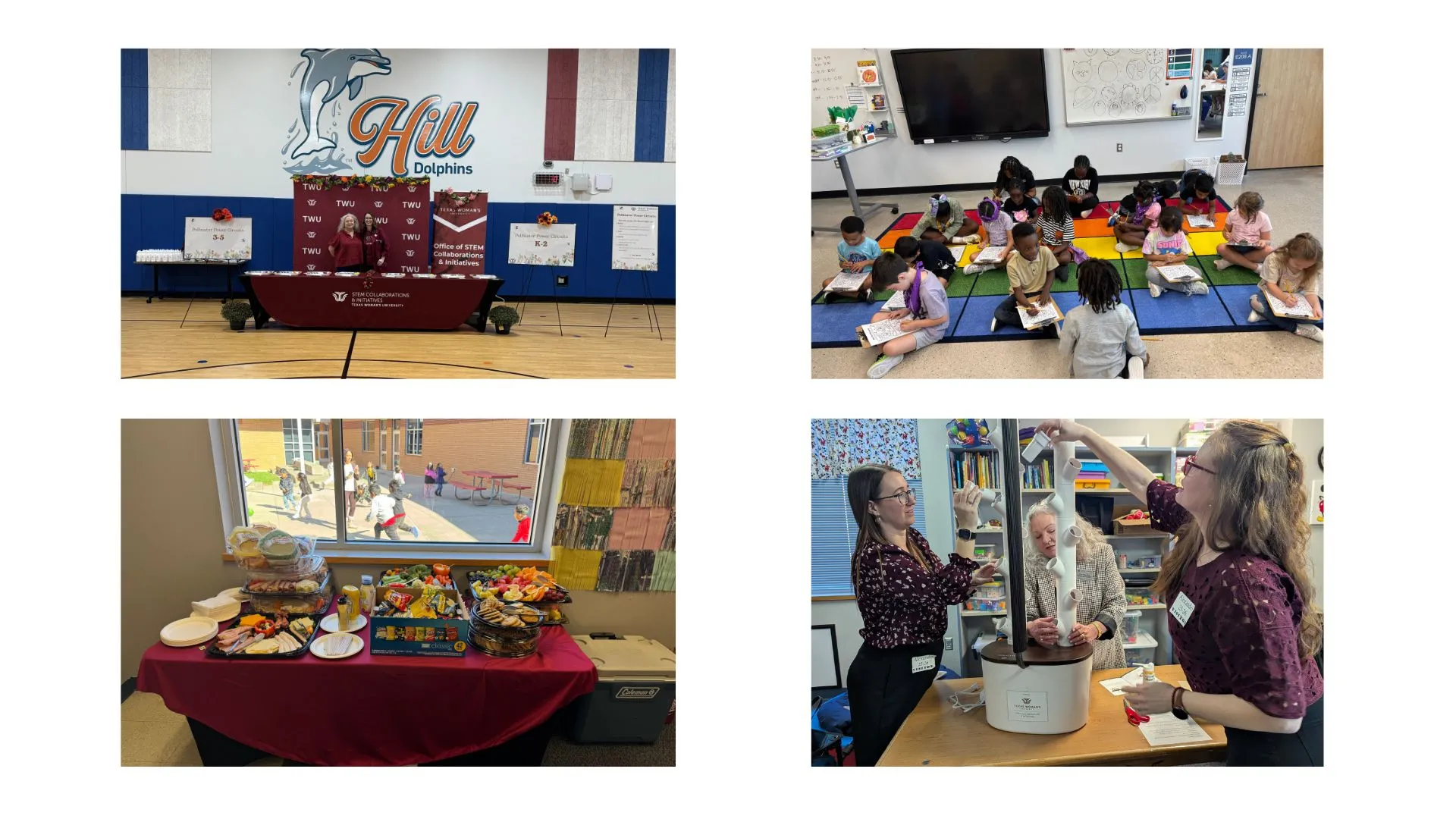 Multiple photos of TWU OSCI attending STEM events at Denton ISD schools.