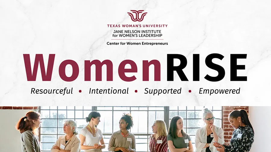 A group of businesswomen gathered together, with text that says 'Women RISE: Resourceful, Intentional, Supported, Empowered' with the Center for Women Entrepreneurs logo