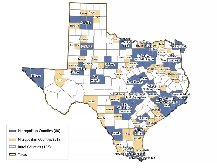 a map of Texas showing the various counties and whether or not they are considered rural, metropolitan, or micropolitan