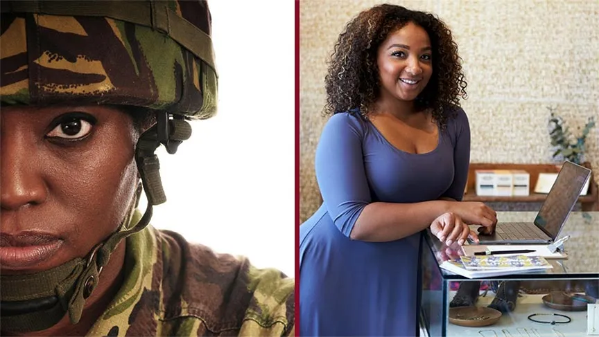 A split screen of a woman in camouflage military gear and one in business attire