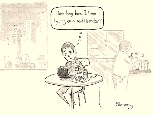 cartoon with man typing and thinking