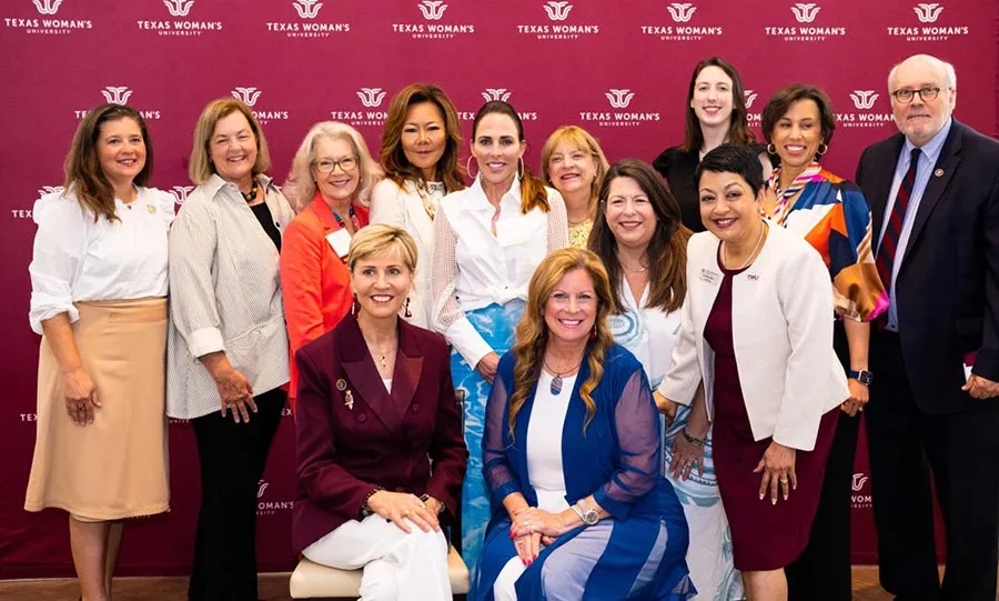 A group photo of the August 2024 TWU Board of Regents members with Chancellor Feyten and alumna Merrilee Kick