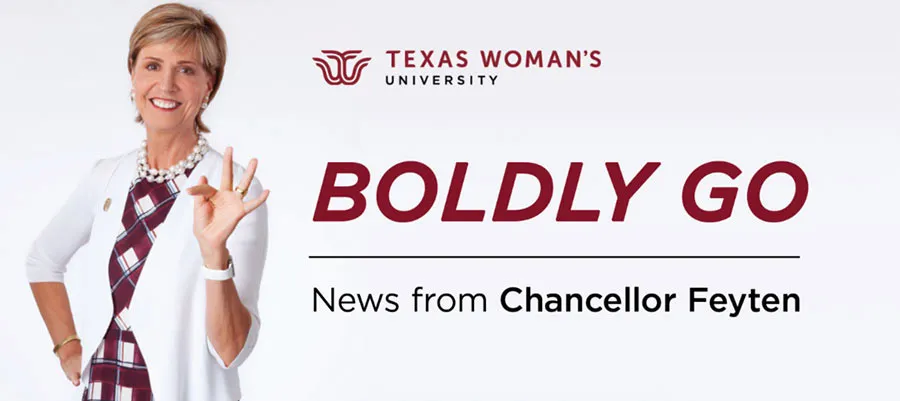 Chancellor Feyten makes the T-Dub hand sign next to the words Boldly Go—News from Chancellor Feyten