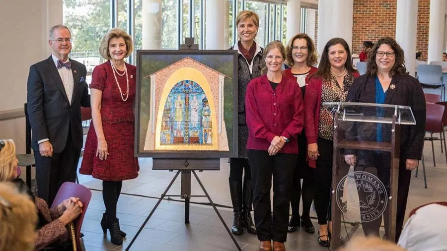 From left, Ted and Nancy Paup; artist Margie Crisp; Regents Janelle Shepard, Bernadette Coleman and Jill Jester.