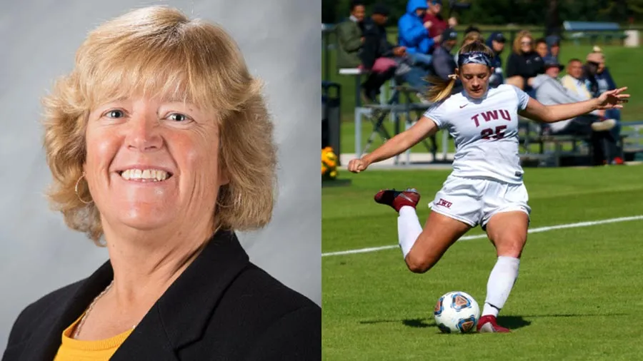 A split photo of TWU Athletics Director, Sandee Mott next to an image of a TWU soccer player on the field