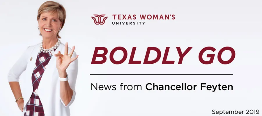 Chancellor Feyten making the T-Dub hand sign next to the words 'Boldly Go - News from Chancellor Feyten'