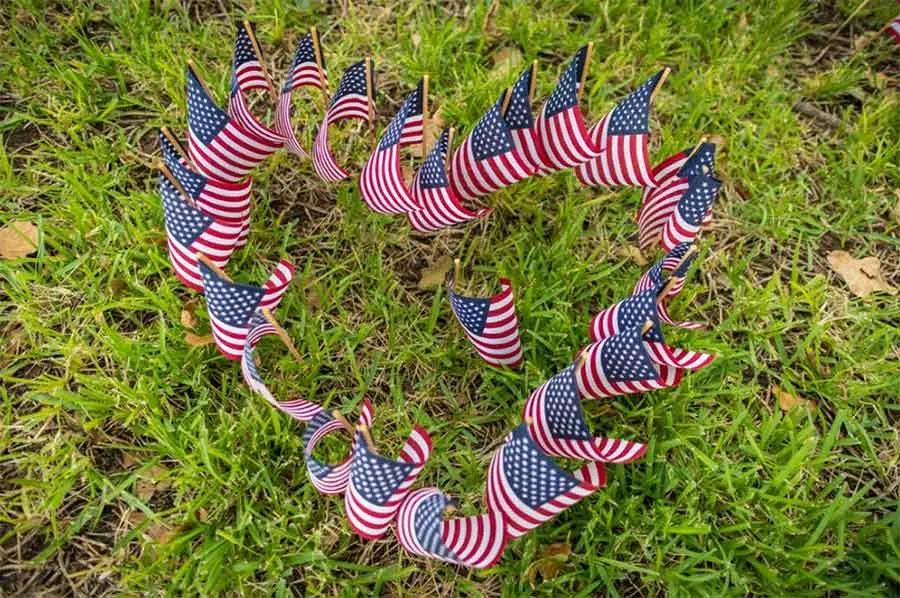 A group of tiny American flags arranged in a heart shape.