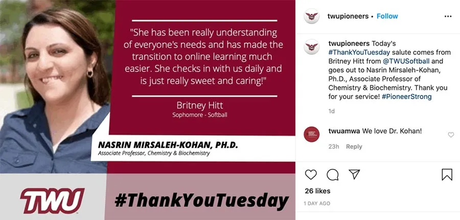 TWU sophomore Britney Hitt thanks chemistry professor Dr. Mirsaleh-Kohan