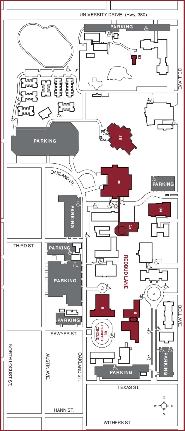 a partial image of the TWU Denton campus showing the buildings (Administration Conference Tower, Ann Stuart Science Complex, Blagg Huey Library, Hubbard Hall, Little Chapel-in-the-Woods, Margo Jones Performance Hall, and the Student Union) and parking areas available for the Inauguration ceremonies. 