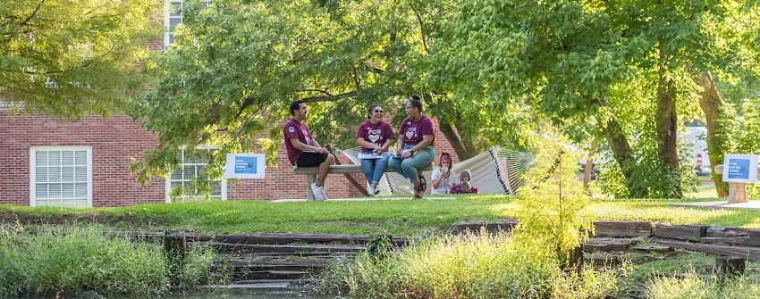 Students sitting on a bench near the library turtle pond 