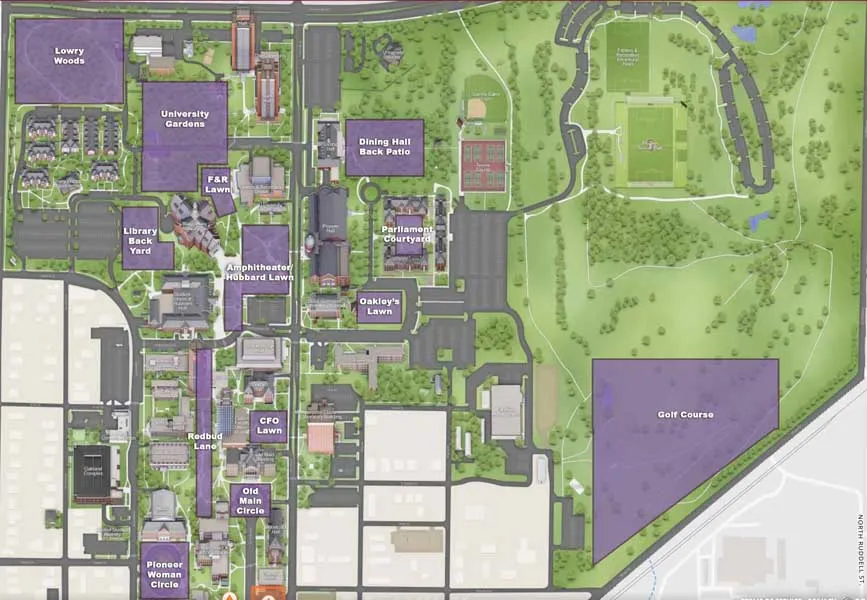 A campus map showing the location of the Free Speech area on the TWU Denton campus