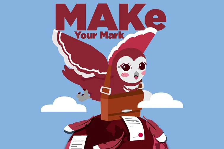 a graphic of a maroon barn owl holding a bag