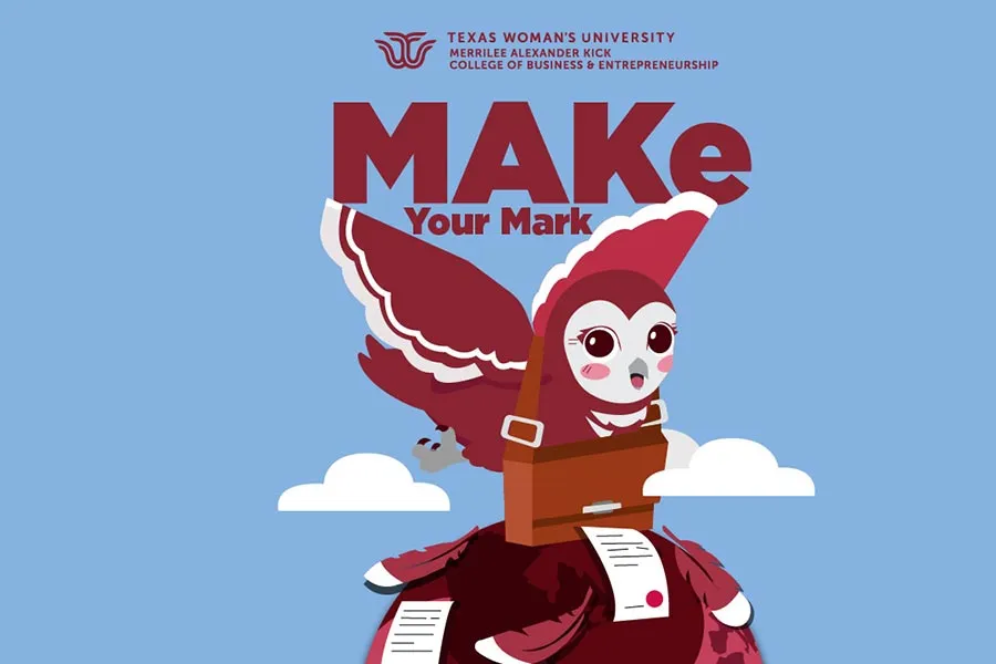 a graphic of a maroon barn owl holding a bag