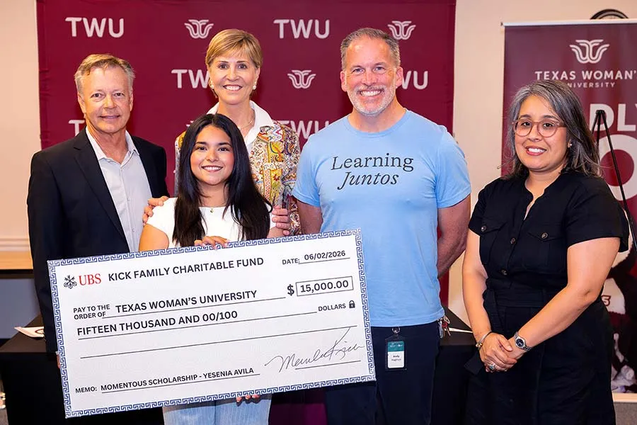 Tim Kick of the Kick Family Charitable Fund; Yesenia Avila, Momentous School alumna and scholarship recipient; TWU Chancellor Carine Feyten; Momentous School Principal Andy Hagman; Momentous Institute Executive Director Dr. Jessica Gomez
