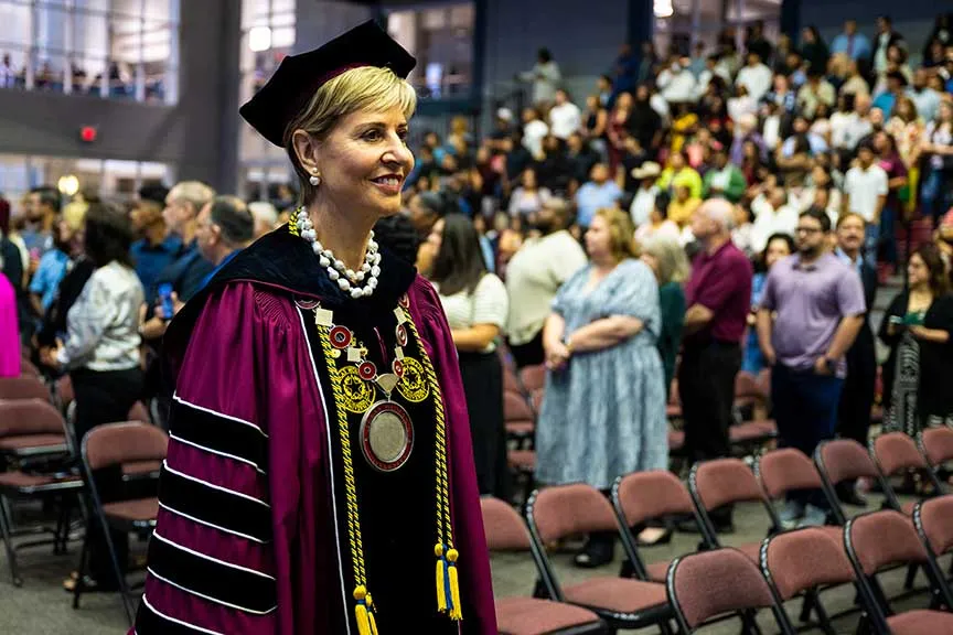 TWU's Chancellor and President, Dr. Feyten, wears The President's Medallion during the commencement procession.