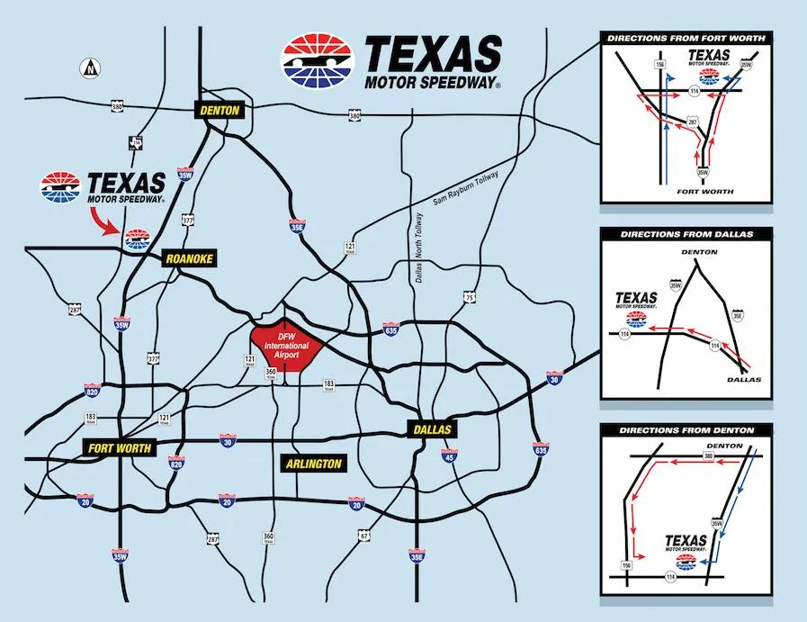A map showing the highways leading into Texas Motor Speedway, location of the Texas Woman's University 2020 commencement. 