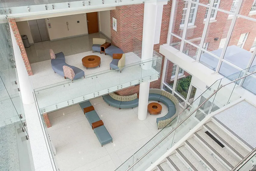 Interior shot of Ann Stuart Science Complex from the third floor looking down to the first floor 