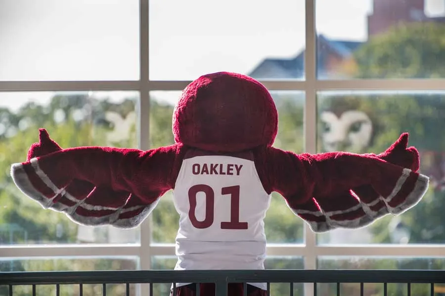 Oakley in Pioneer Hall with his wings spread wide.