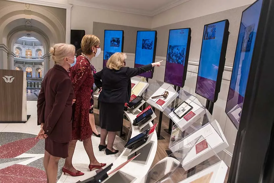 TWU's Chancellor and others tour the new IWL exhibit hall.