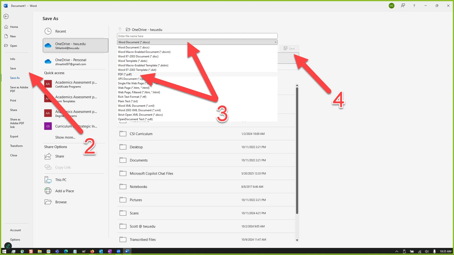Image of the steps to take to create a PDF from Word as described on webpage.