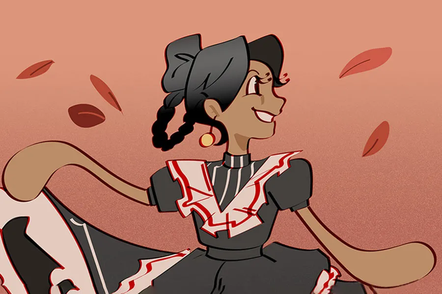 A color drawing of a female folklorico dancer in cultural dress