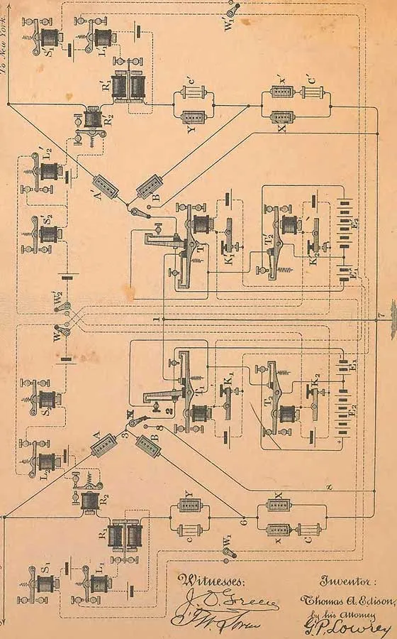 Patent drawing of Edison's Quadruplex