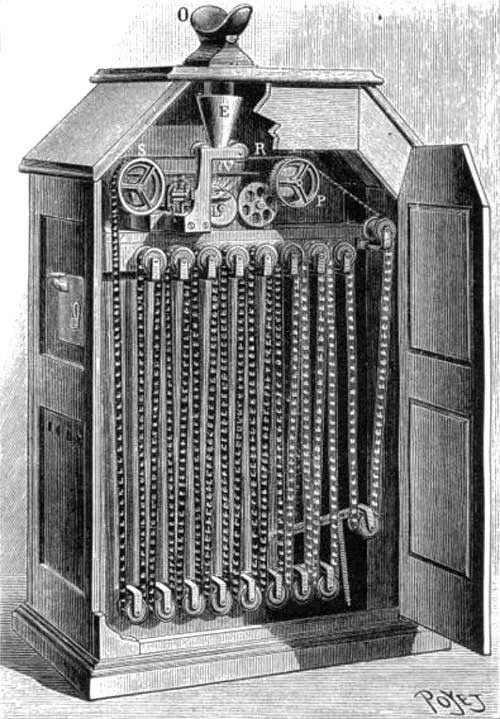 Interior view of kinetoscope with peephole at the top