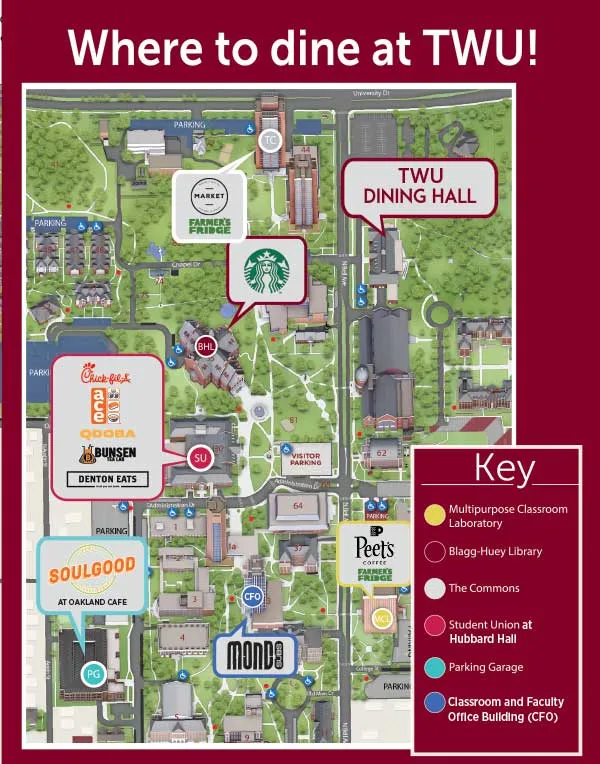 Map of TWU Denton campus denoting dining locations