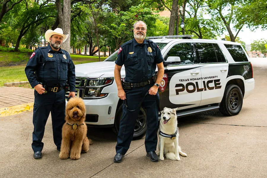TWU Police Sergeant Scott Fleitman and Chief Sam Garrison with the department's two therapy dogs Birdie and Minnie