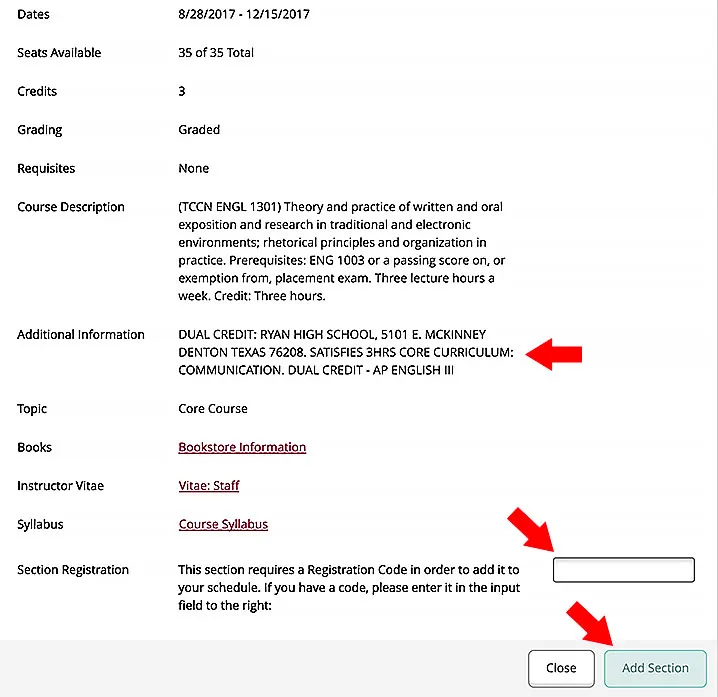 A screenshot of the add section in Pioneer Portal Web Advisor with red arrows pointing to Additional Information section, registration code box and add section box