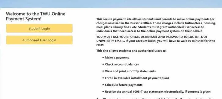 screenshot of the student login page