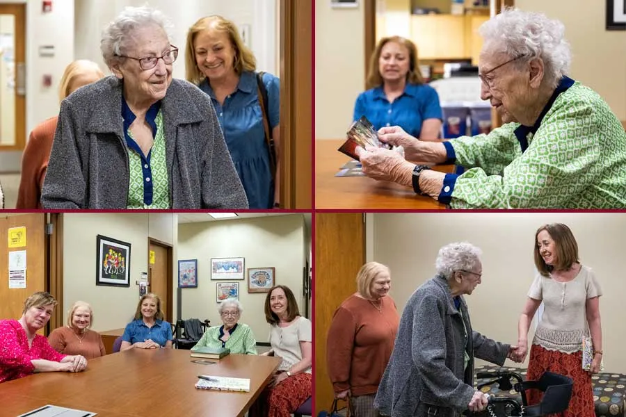 Dr. Haggard and daughters visit with Betsy Kaye, PhD, and Nancy Anderson, PhD, of Literacy and Language