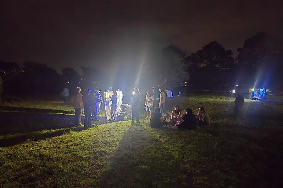 Citizen scientists with TWU faculty use bright lights to attract wildlife at night for cataloging