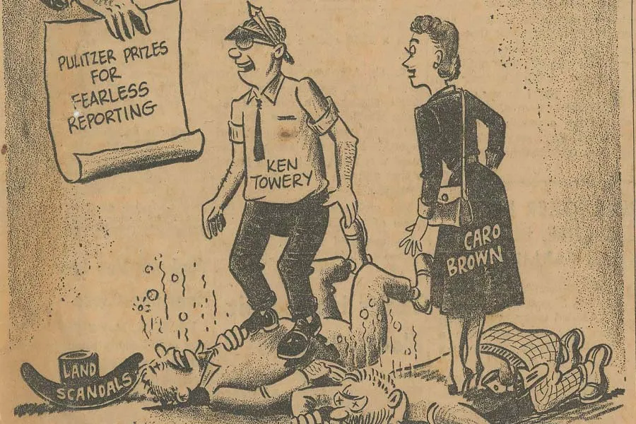A political cartoon featuring Caro Brown and Ken Towery