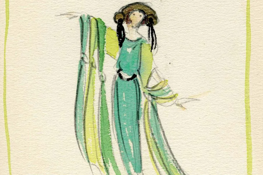 One of Edna Ingels Fritz's watercolor fashion drawings, ca. 1920s