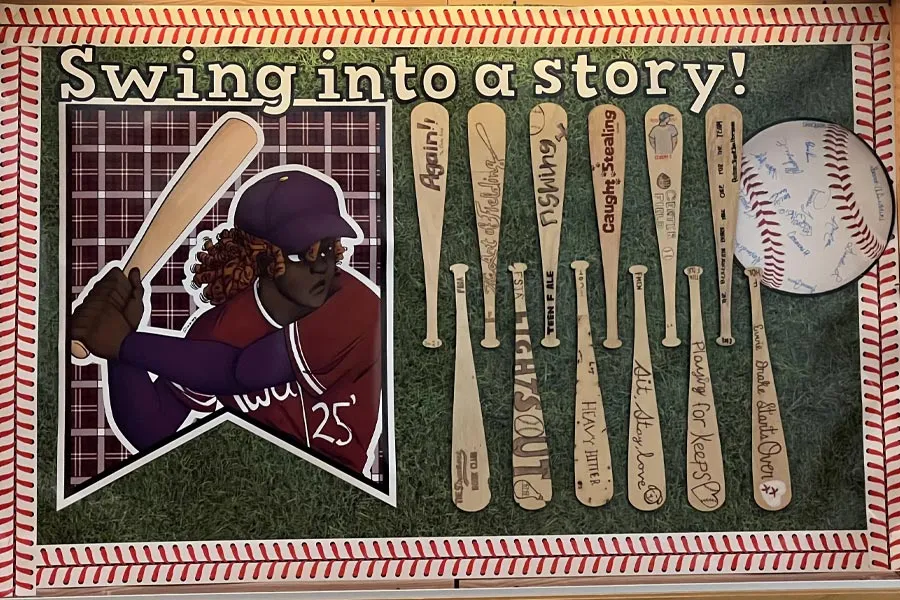a bulletin board with baseball-themed recommended reading
