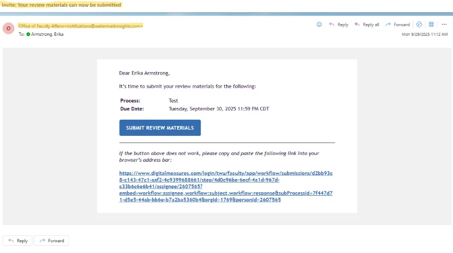 Screenshot of Email with Submit Review Materials Button