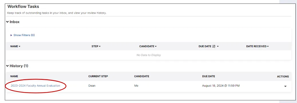 Screenshot of Workflow Tasks