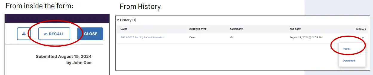 Screenshot of Recall button