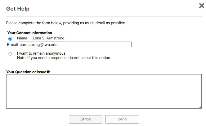 Screenshot showing help ticket