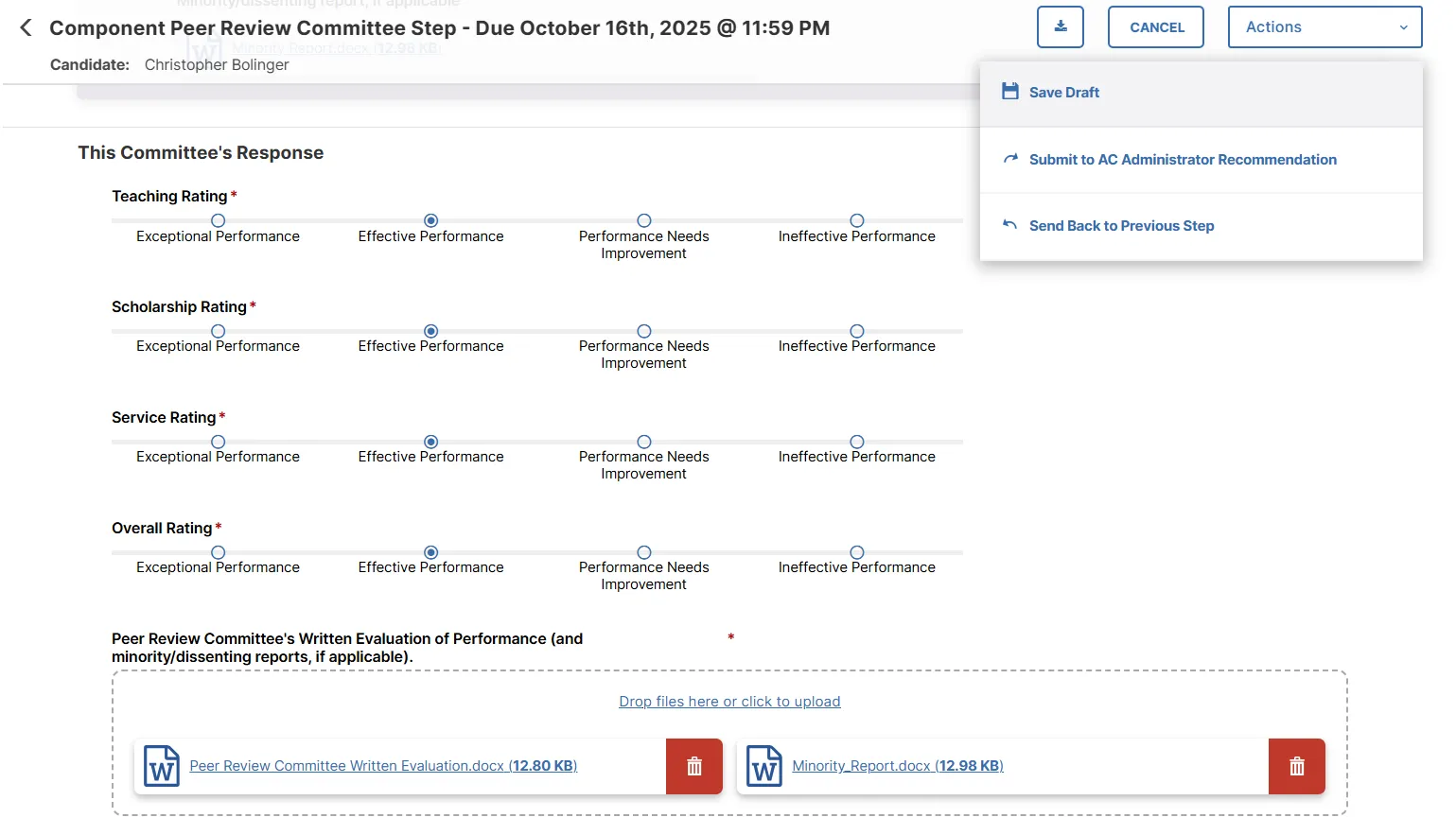 Screenshot of Actions menu with Save Draft, Submit or Send Back