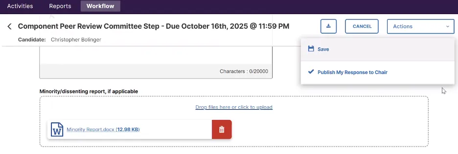 Screenshot showing Actions menu with Save and Publish options
