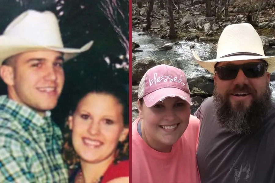 Erica and husband Jared then and now